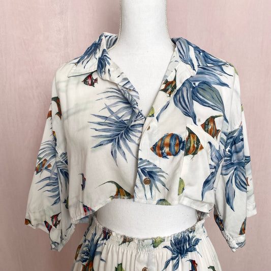 Upcycled Vintage Fish Print Button Two Piece Skirt Set, Size M/L