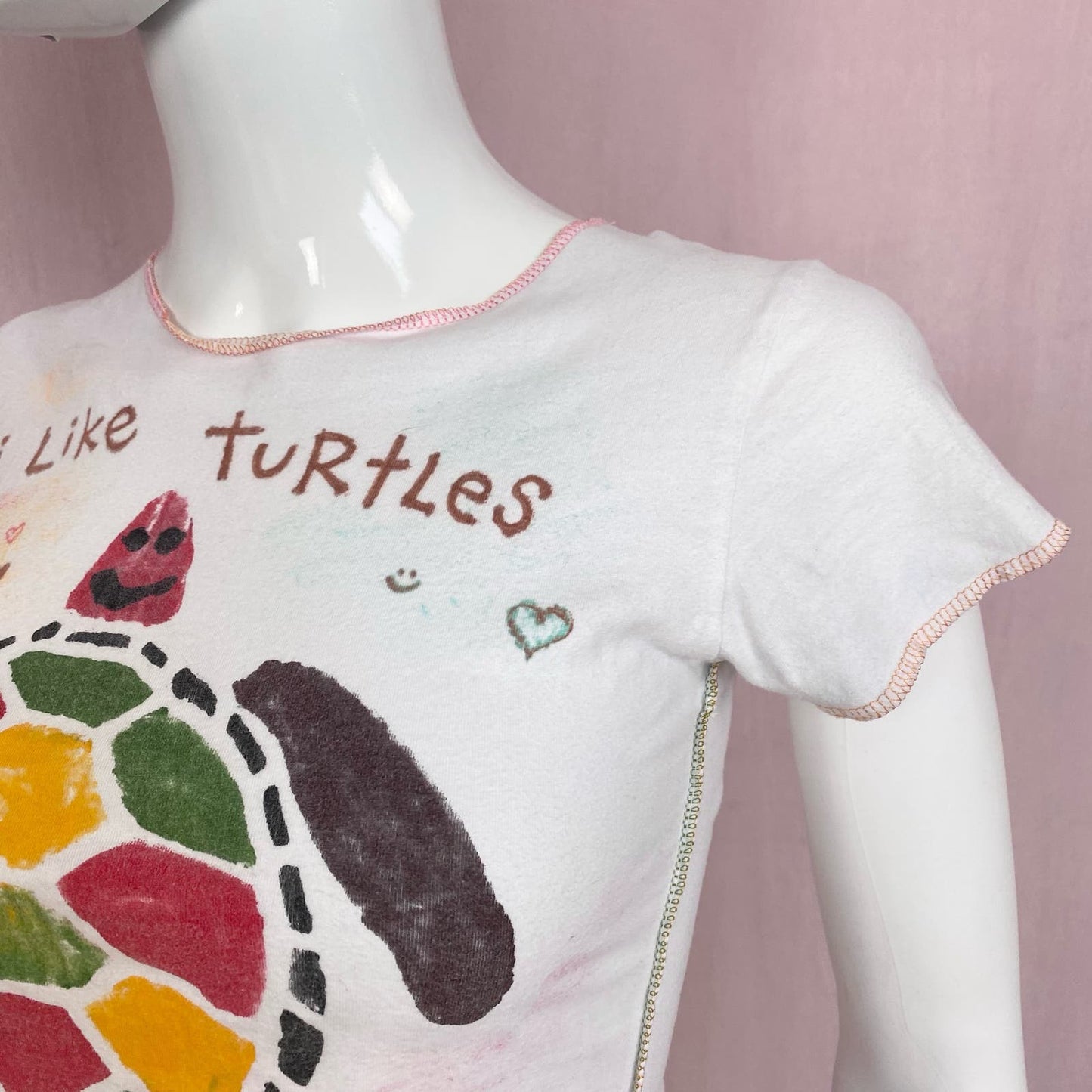 Upcycled I Like Turtles Graphic Crop Baby Tee, Size XS