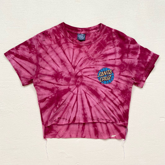 Upcycled Y2K Santa Cruz Skateboards Skull Tie Dye Distressed Crop Tee, Size S/M