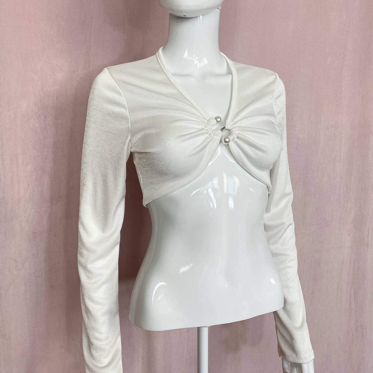 Secondhand White Ruched Plunge Neck Crop Long Sleeve, Size Large