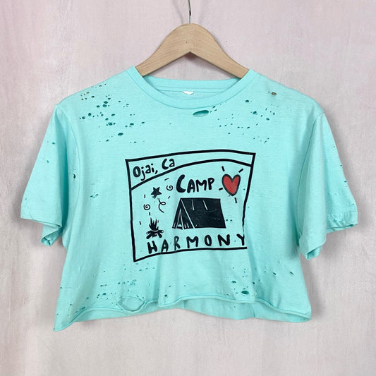 Upcycled Ojai CA Camp Harmony Distressed Crop Tee