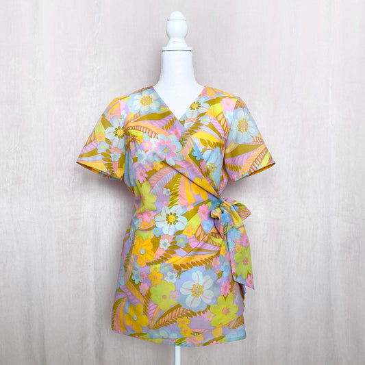 Vintage Floral Wrap Short Sleeve Blouse, Size Large