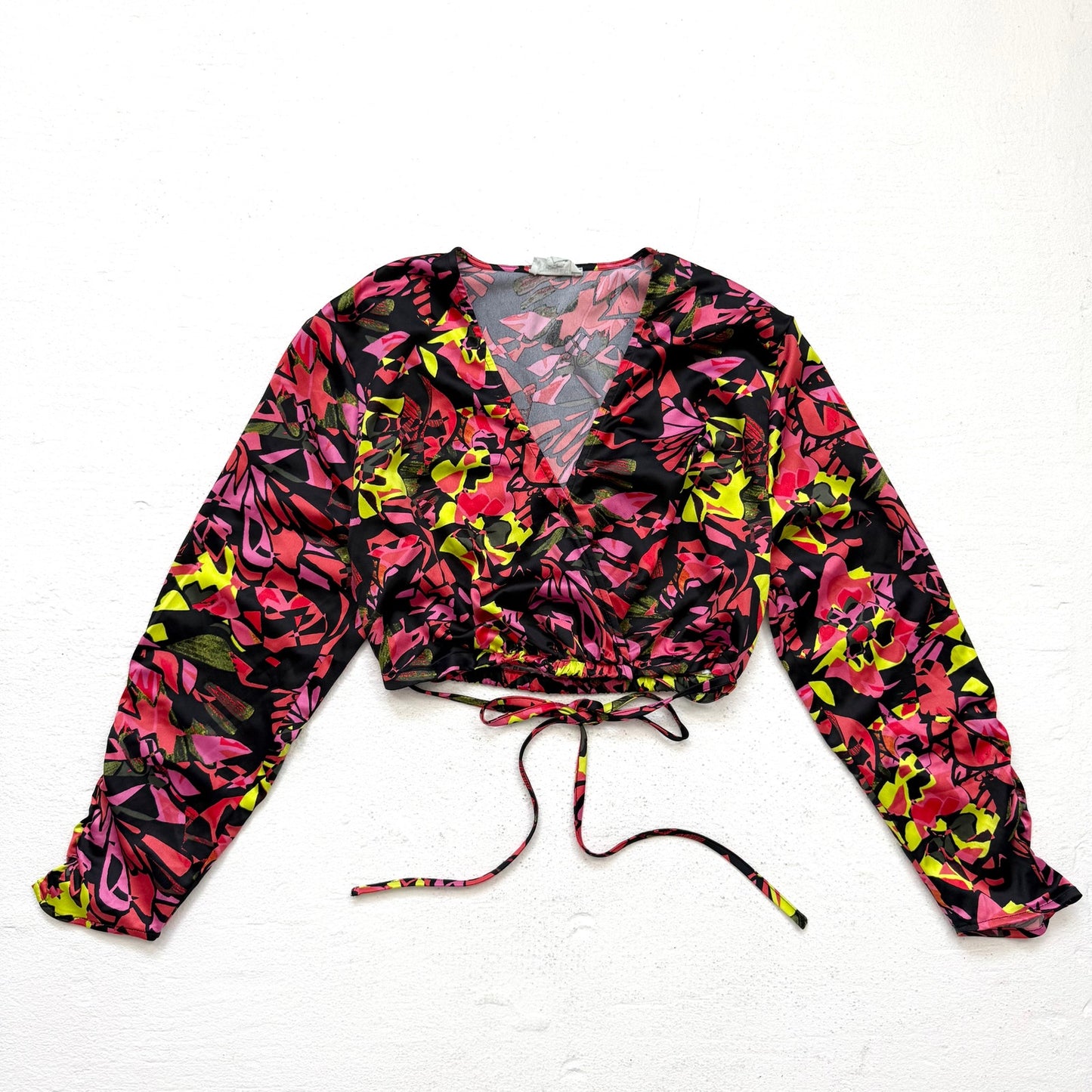 Secondhand Open Edit Satin Floral Wrap Style Crop Top XS Long Sleeve Back Tie Elastic Waist