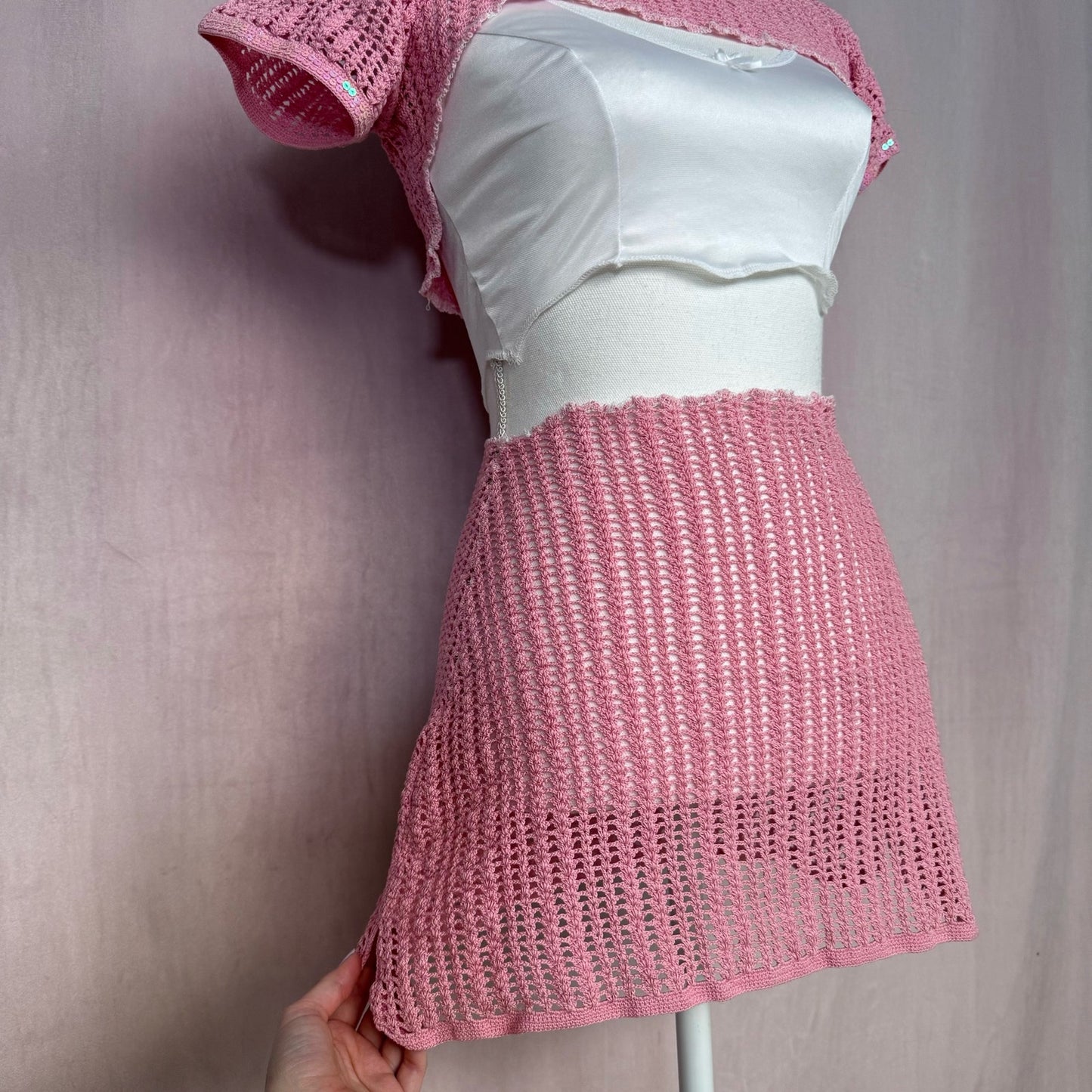 Upcycled Vintage Pink Crochet Shrug & Skirt Set, Size Small