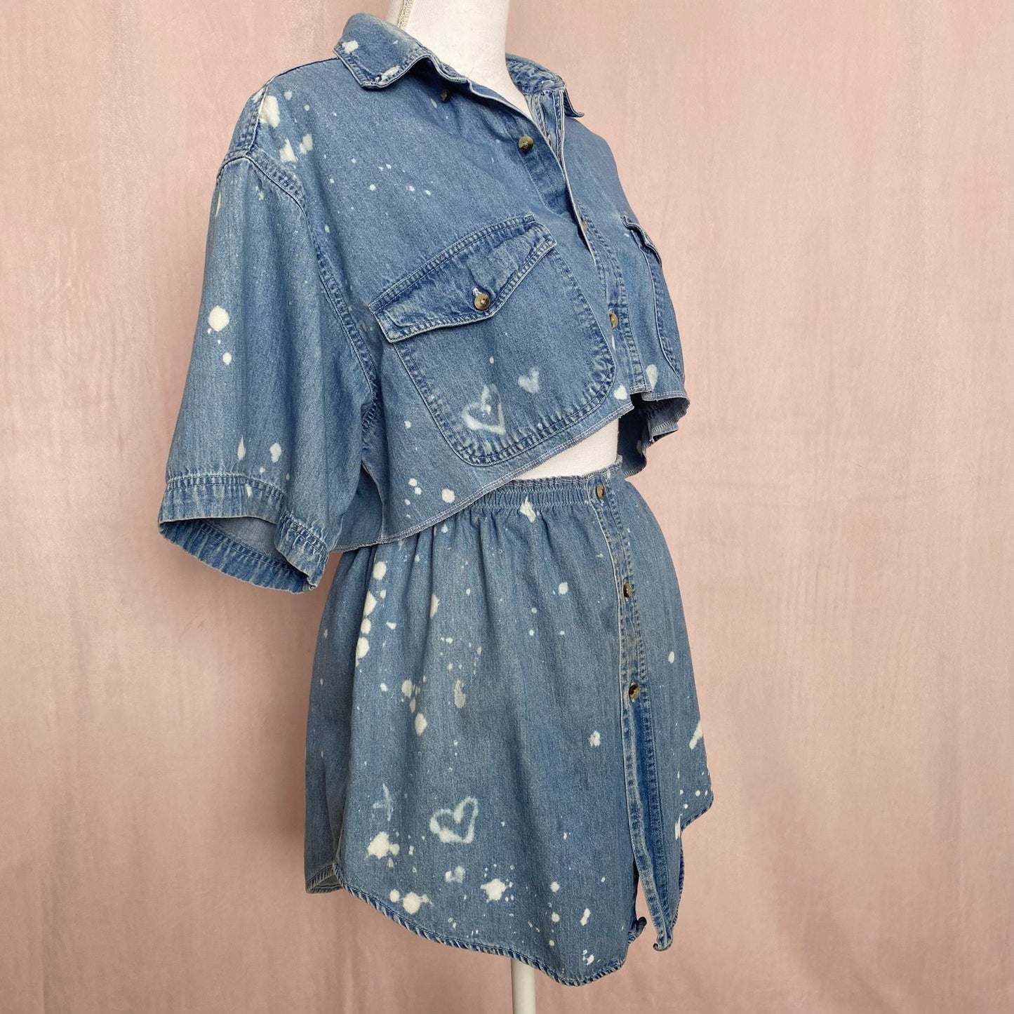 Upcycled Vintage Denim Bleach Heart Button Front Skirt Set, Size M/L