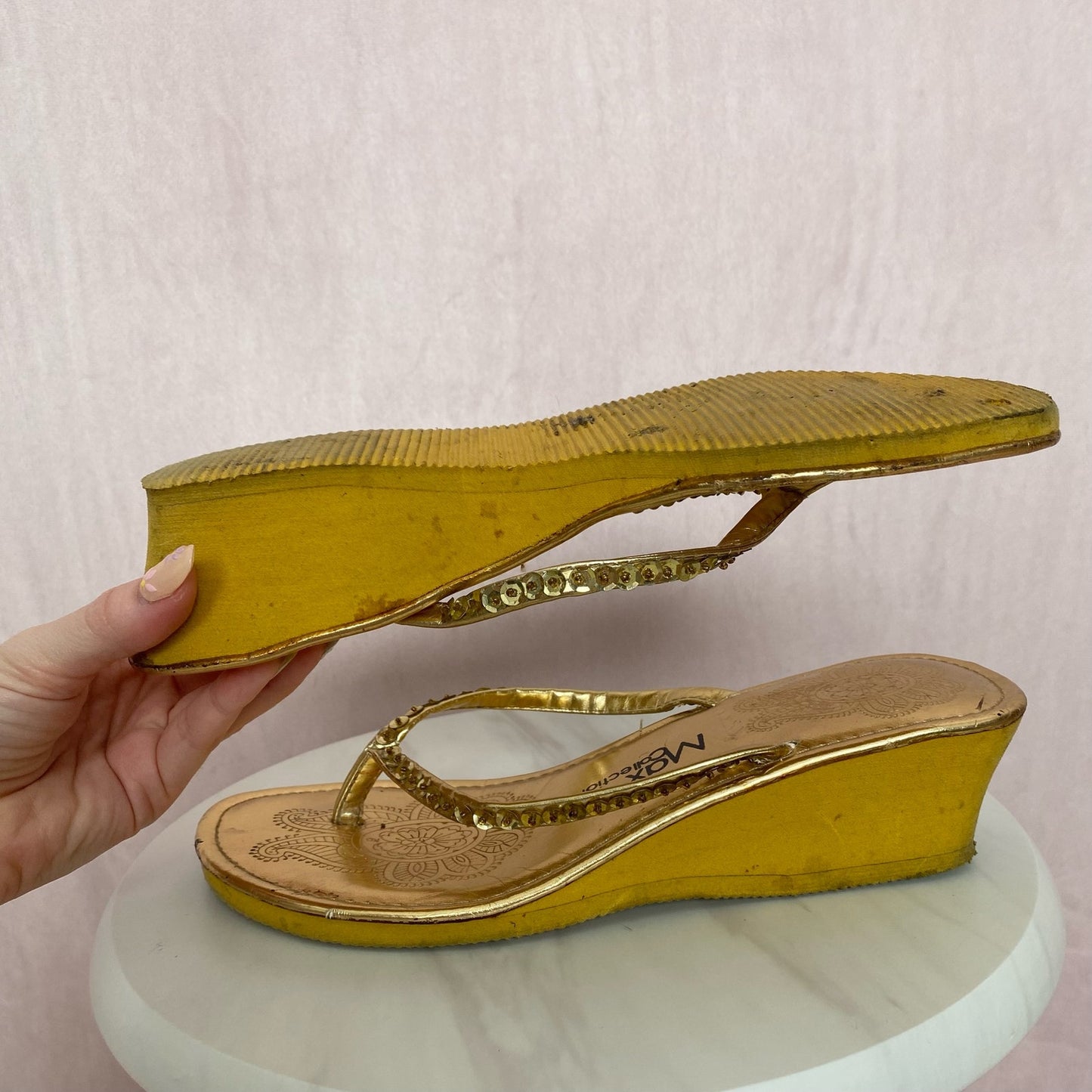 Sequins Max Collection Gold Sequins Wedge Heel Flip Flops, Size 9