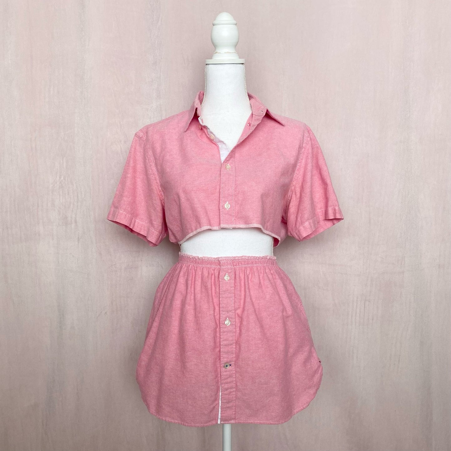 Upcycled Pink Button Front Two Piece Skirt Set, Size XS