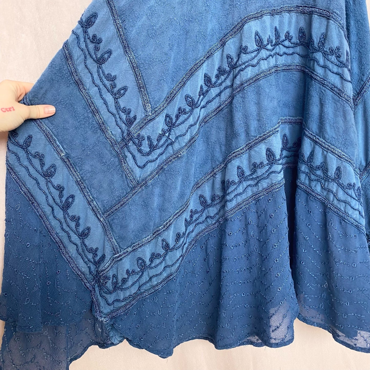 Vintage Boho Hippie Blue Tiered Asymmetrical Midi Skirt, "Free Size"