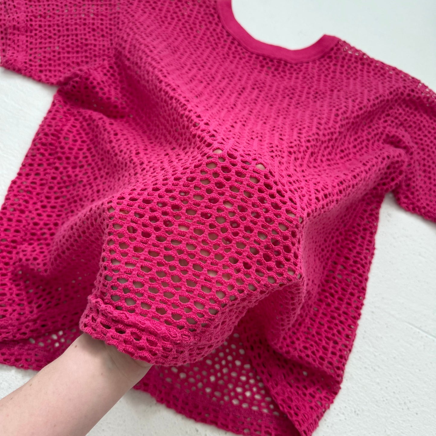Y2K Pink Open Crochet Knit Short Sleeve Top