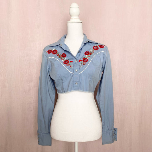 Reworked Roxy Floral Embroidered Crop Button Up, Size Medium