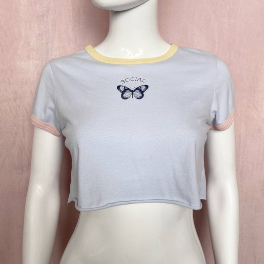 Reworked Social Butterfly Crop Tee, Size Small