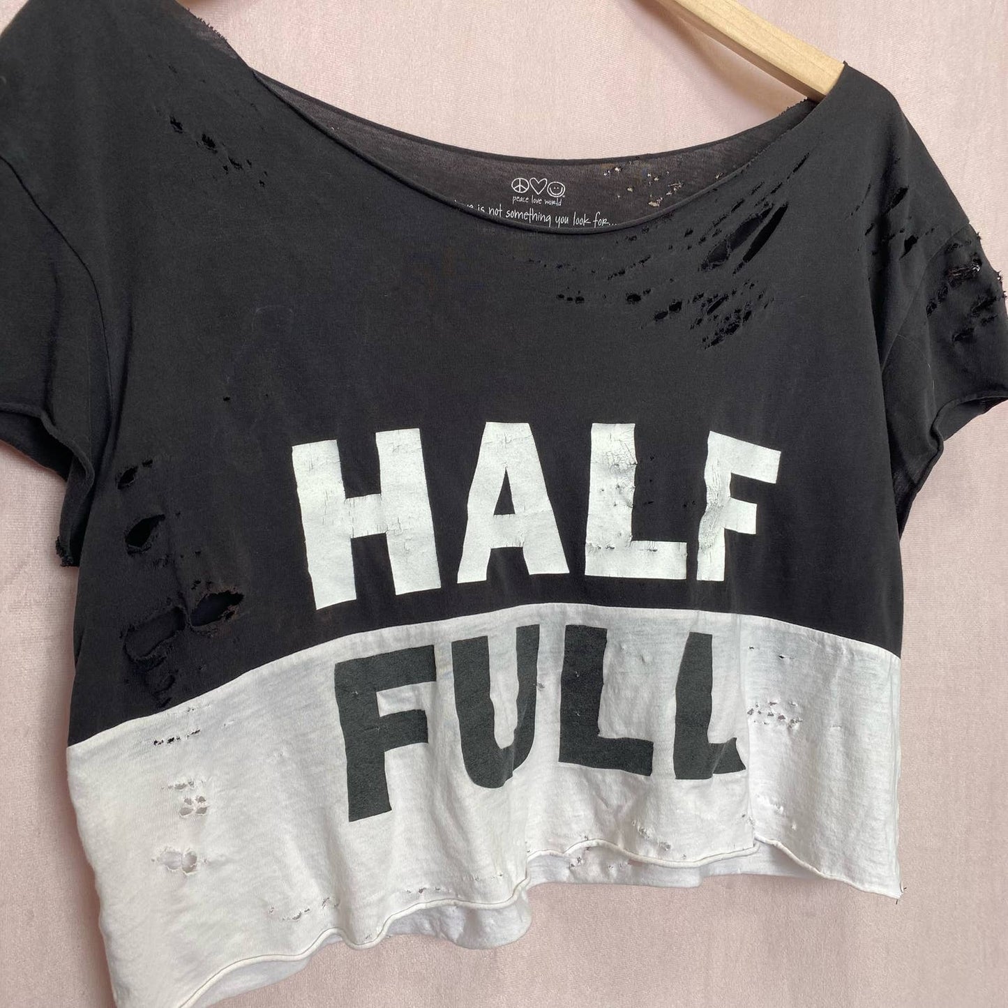 Reworked Half Full Distressed Crop Tee, Size Medium