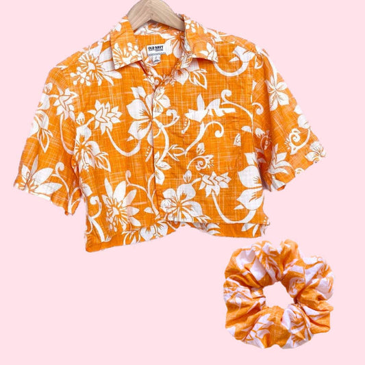 Upcycled Crop Hawaiian Shirt & Jumbo Scrunchie Set, Size Small