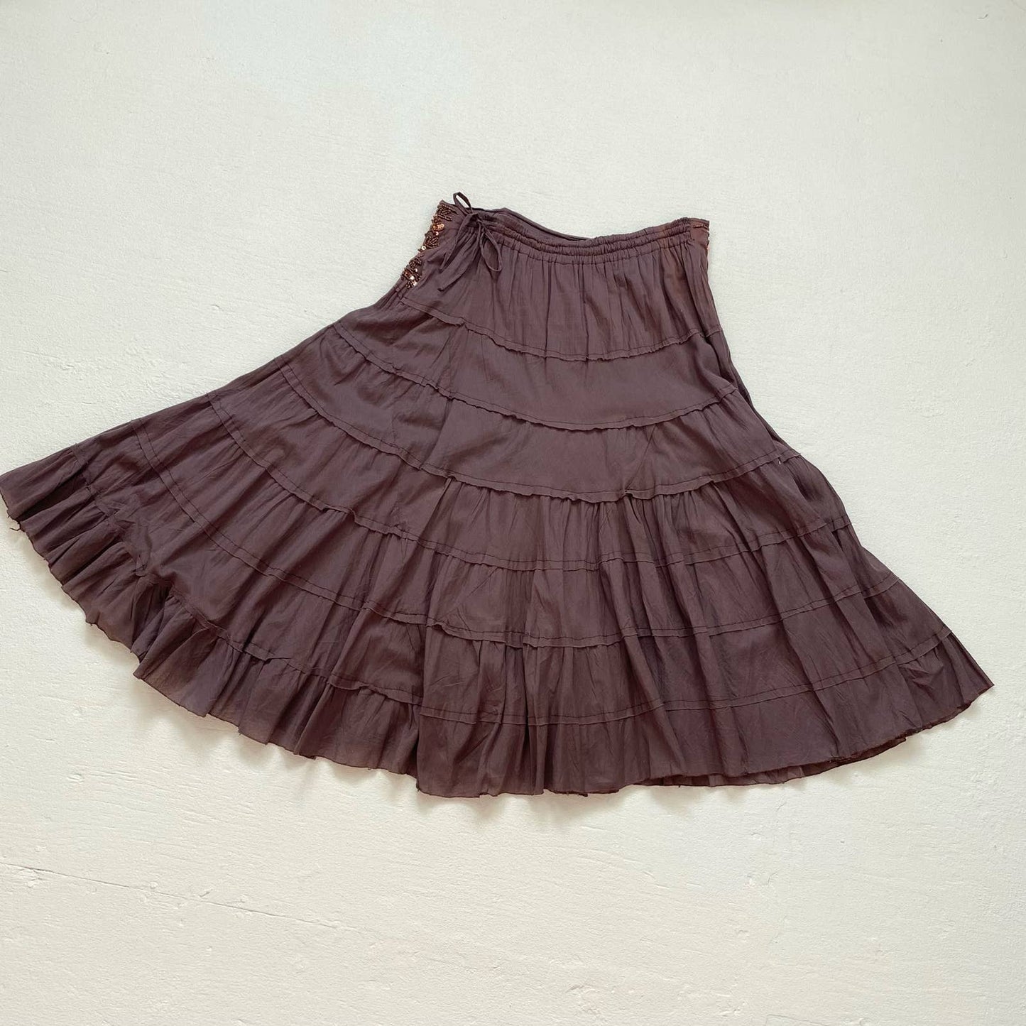 Vintage Brown Tiered Whimsigoth Midi Skirt, Size M/L