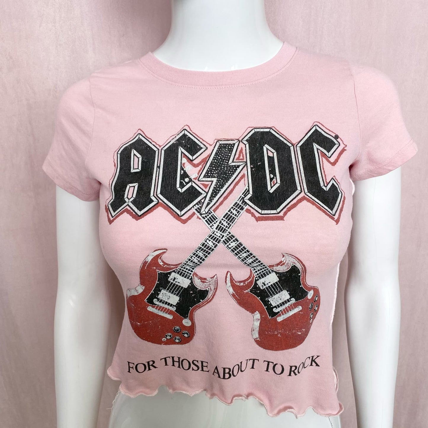 Upcycled AC/DC Graphic Asymmetrical Crop Baby Tee, Size Small