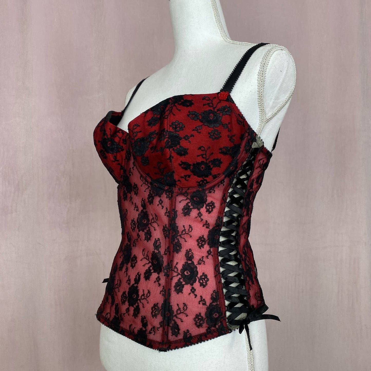 Vintage Red & Black Mesh Lace Corset Top