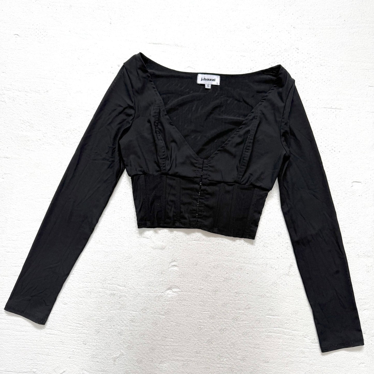 Secondhand J.Bazzi Black Mesh Corset Bustier Long Sleeve Crop Top, Size Small