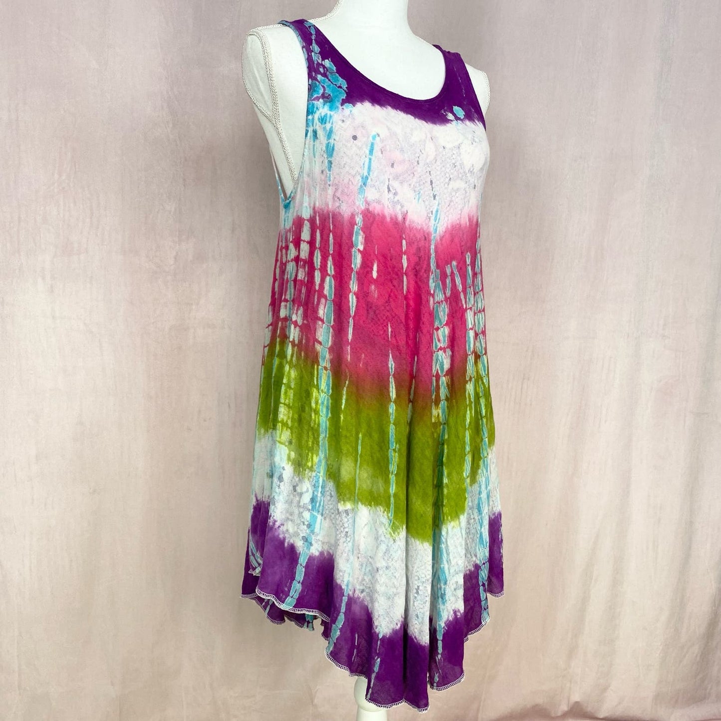 Upcycled Y2K Boho Hippie Tie Dye Summer Dress, Free Size