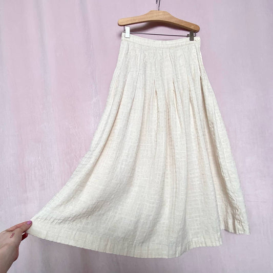 Vintage Linen Pleated A-line Midi Skirt, Size 24”