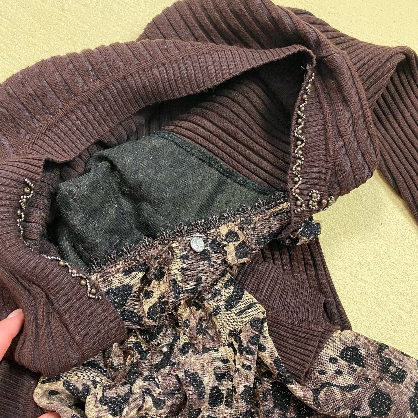 Vintage Ribbed Cardigan Leopard Print Mesh Top, Size Small