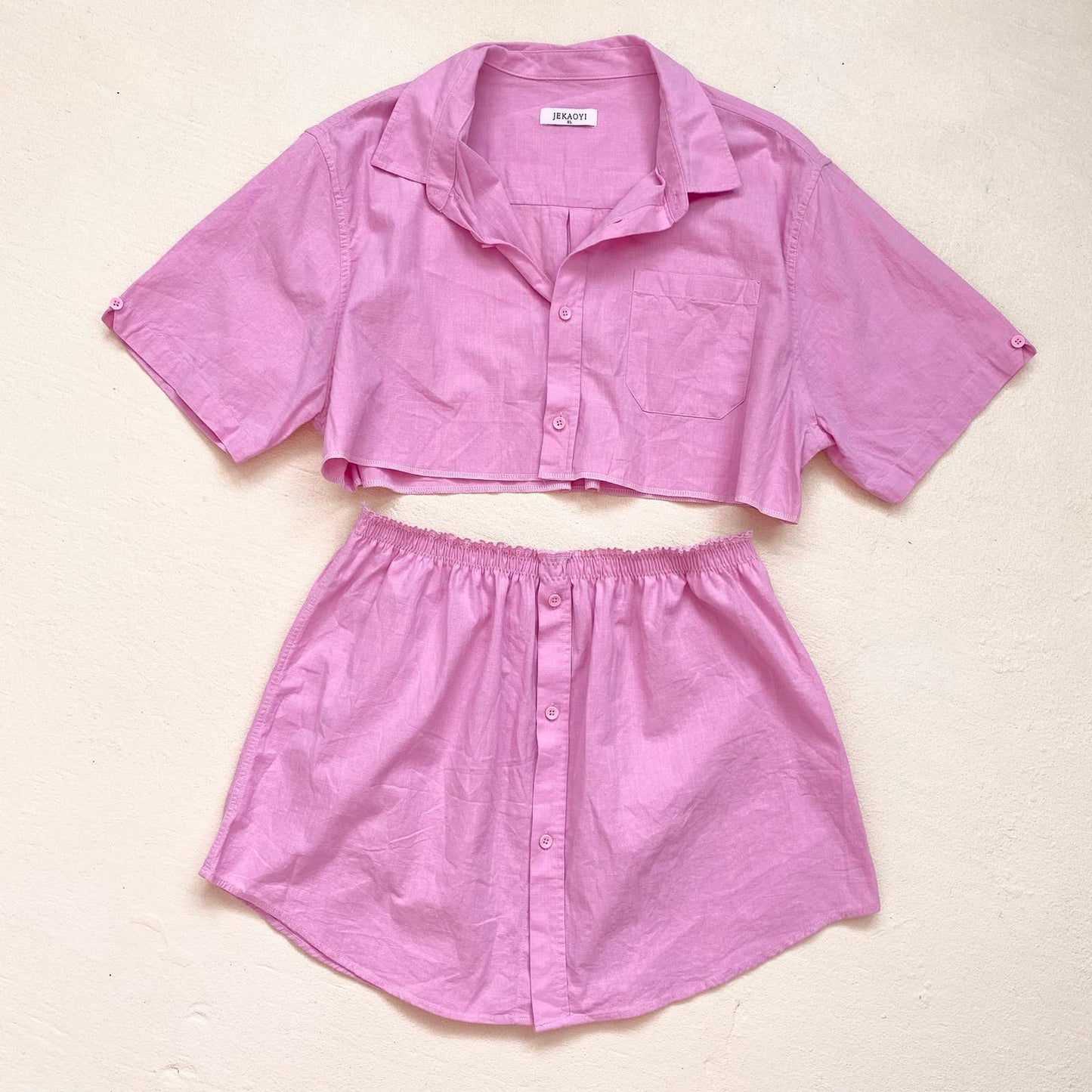 Upcycled Pink Cotton Linen Two Piece Skirt Set, Size M/L