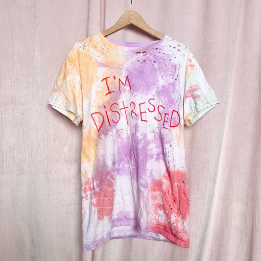 Upcycled I’m Distressed Ripped Tie Dye Tee, Size Large