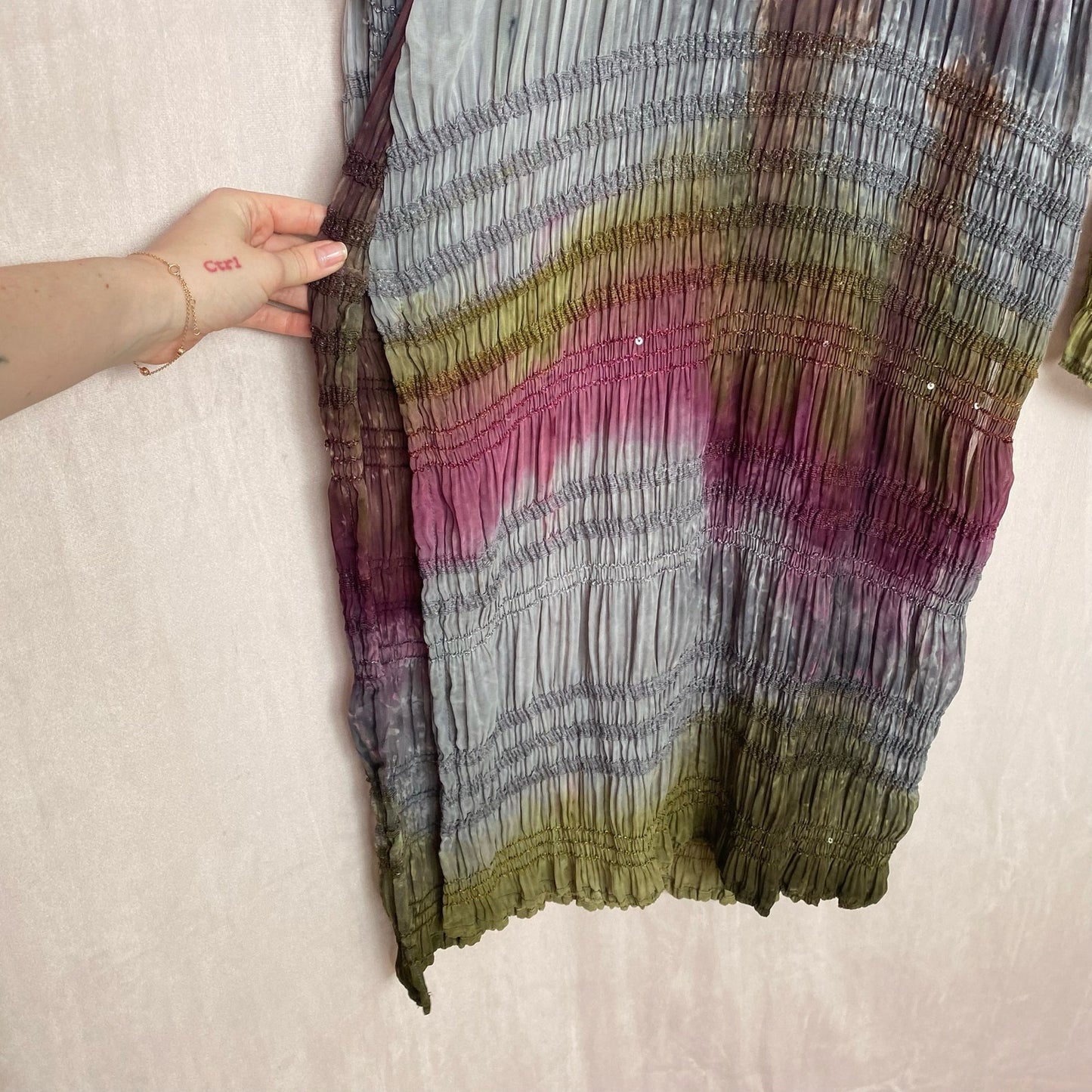 Secondhand Sequins Tie Dye Stripe Long Sleeve Sheer Tunic, Size M/L