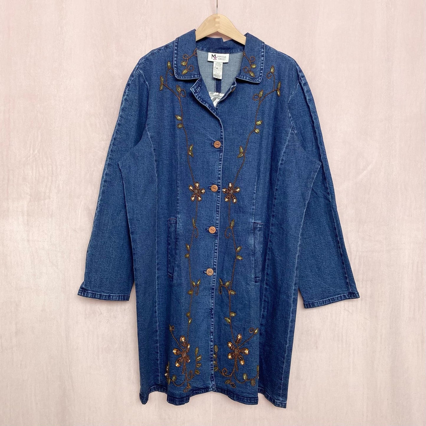 Vintage Maggie Sweet Beaded Denim Trench Jacket, Size 2X