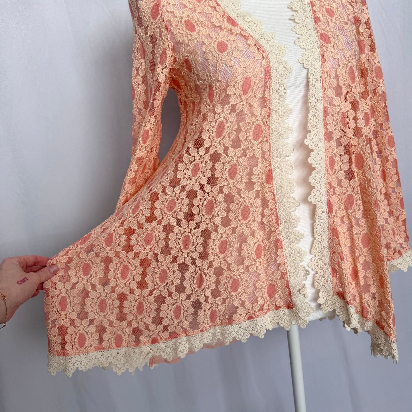 Secondhand Peach Love Floral Lace Open Front Cardigan, Size Small