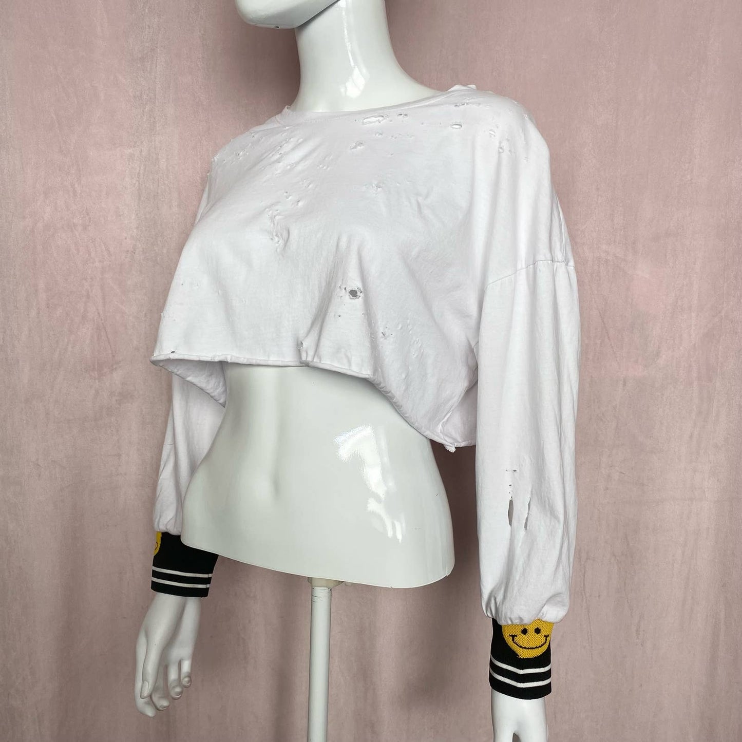 Reworked Distressed Smiley Face Crop Long Sleeve, One Size