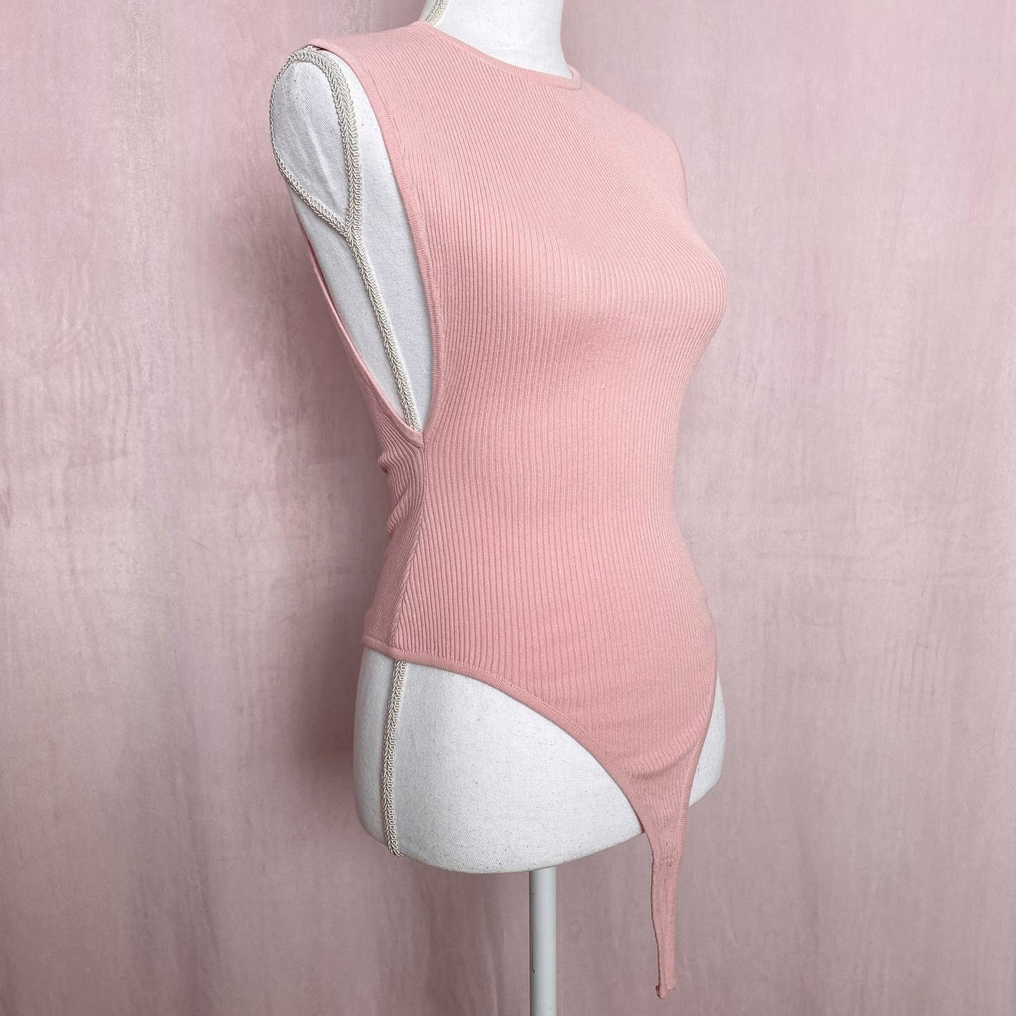 Secondhand Blush Pink Ribbed Drop Armhole Bodysuit, Size Small