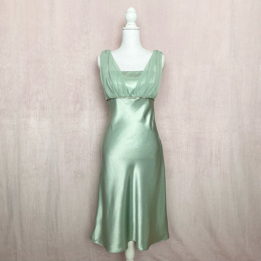 Vintage Fiesta Satin Mint Green Formal Midi Dress, Size Medium