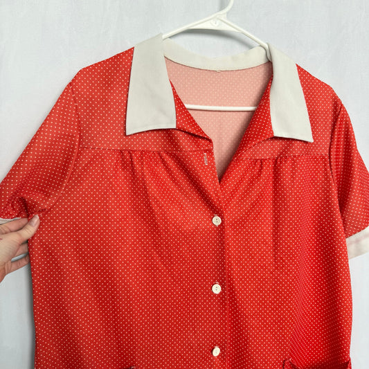 Vintage 60s Red Polka Dot Button Up Shirt, Size Large