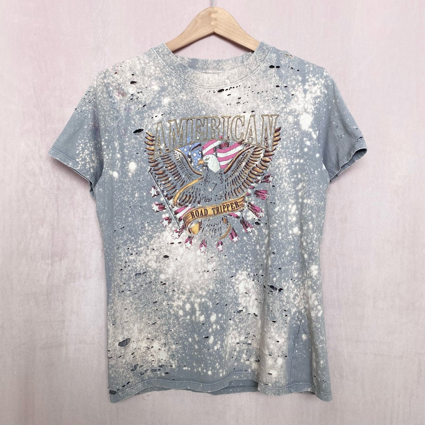 Upcycled Distressed Acid Wash USA Graphic Tee, Size Large
