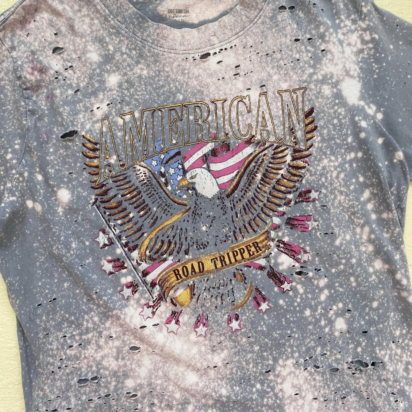 Upcycled Distressed Acid Wash USA Graphic Tee, Size Large
