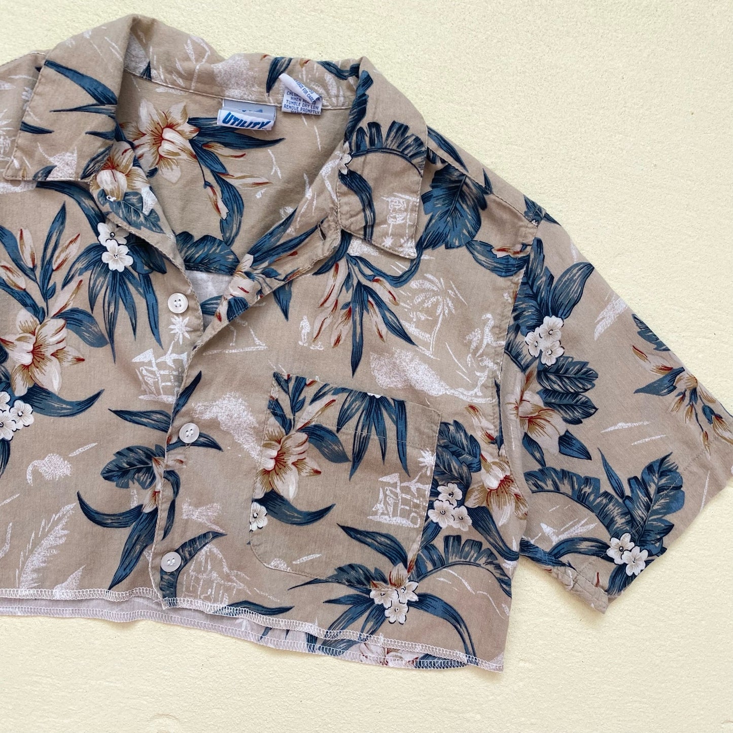 Upcycled Crop Hawaiian Shirt Button Up, Size S/M