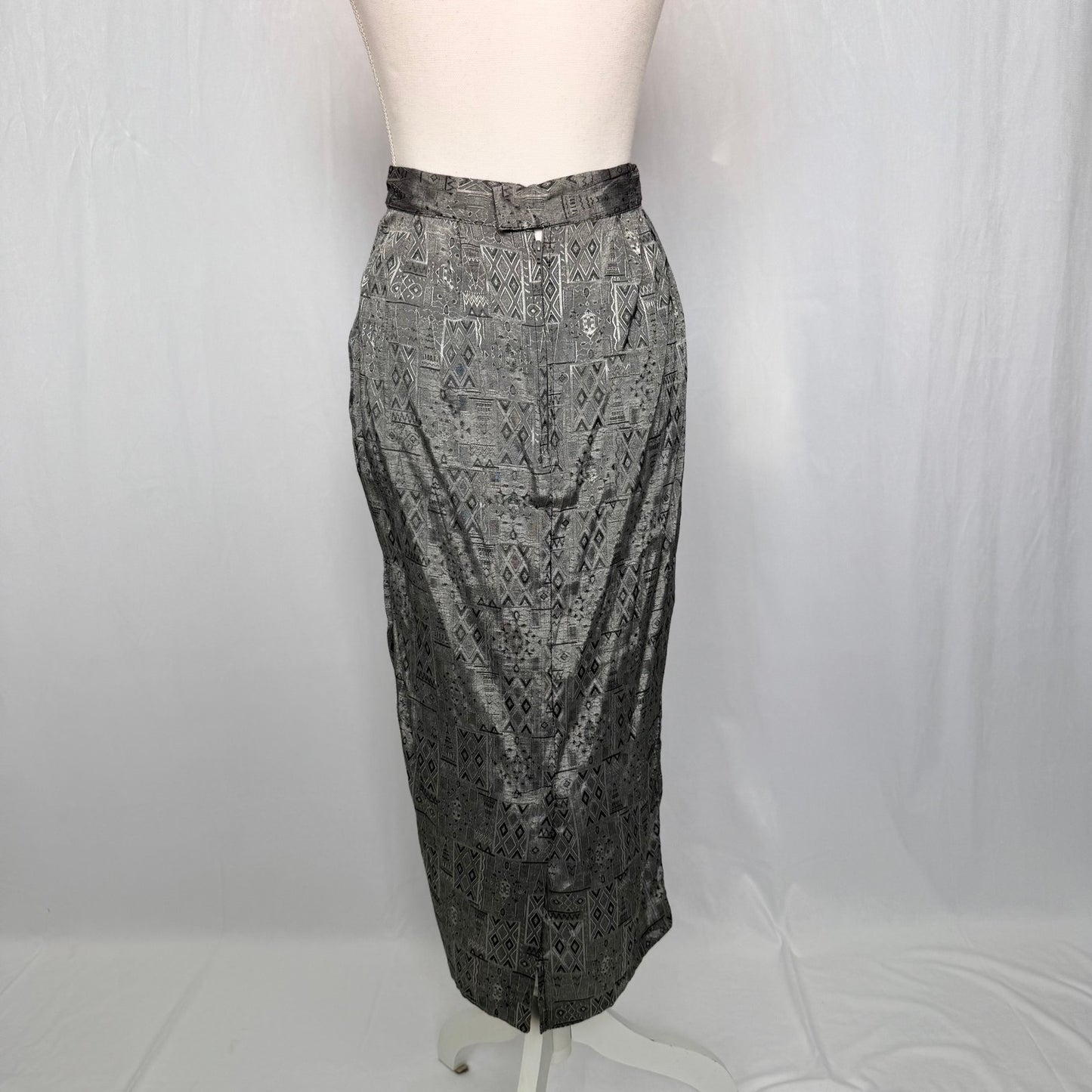 Vintage 80s True Wit Skirt Suit Set Gray Satin Geometric Print, Size 5/6