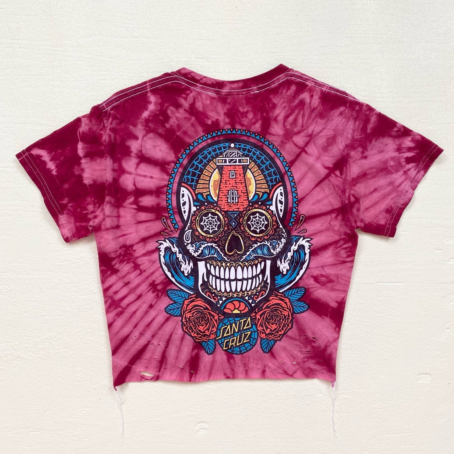 Upcycled Y2K Santa Cruz Skateboards Skull Tie Dye Distressed Crop Tee, Size S/M