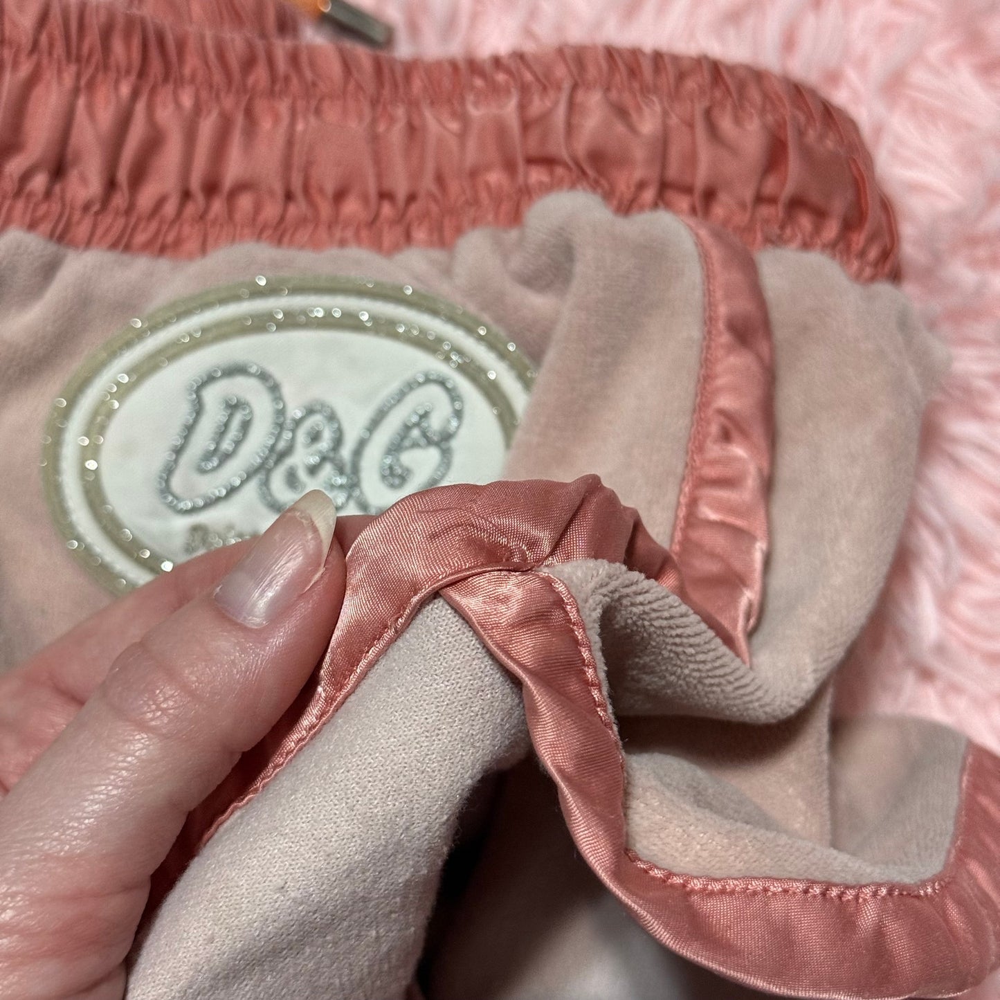 Y2K Dolce & Gabbana Velour Satin Trim Logo Shorts, Size Small