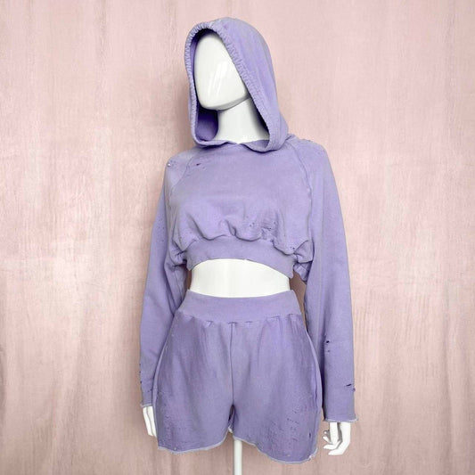 Upcycled Distressed Purple Crop Hoodie & Shorts Set, Size S/M