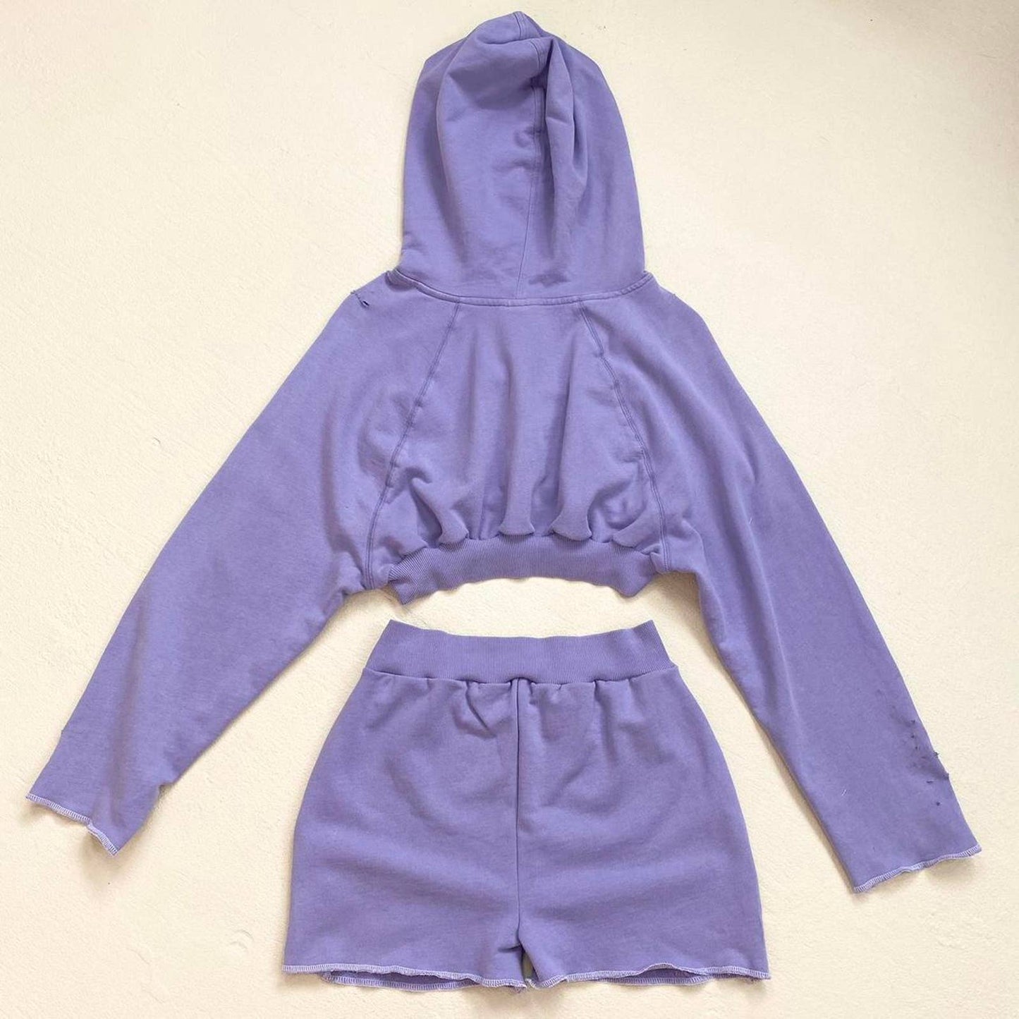 Upcycled Distressed Purple Crop Hoodie & Shorts Set, Size S/M