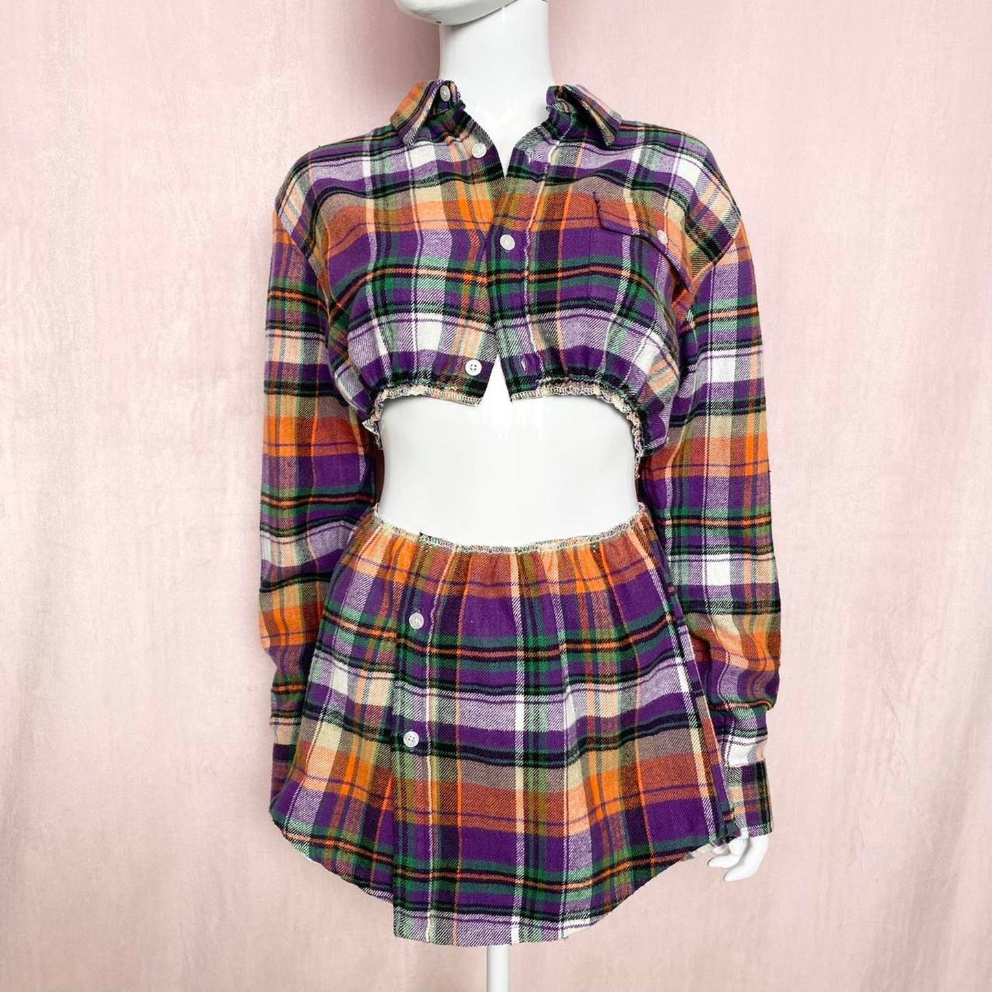 Upcycled Stussy Flannel Crop Jacket & Skirt Set, Size Small