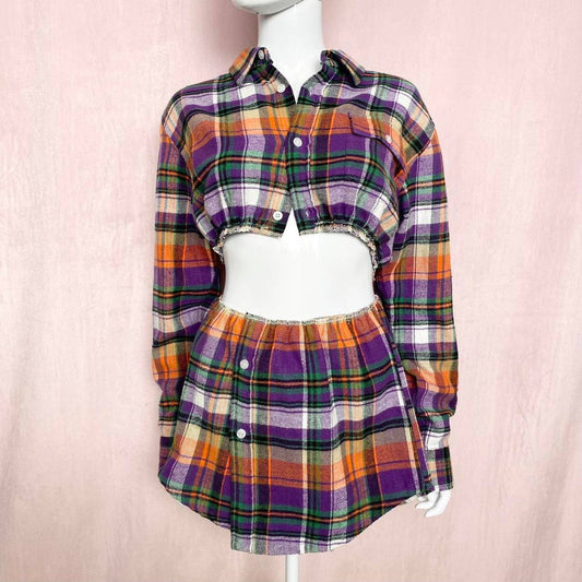 Upcycled Stussy Flannel Crop Jacket & Skirt Set, Size Small