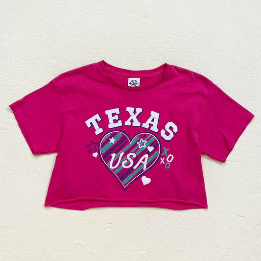 Reworked Texas USA Pink Heart Crop Tee, Size Small