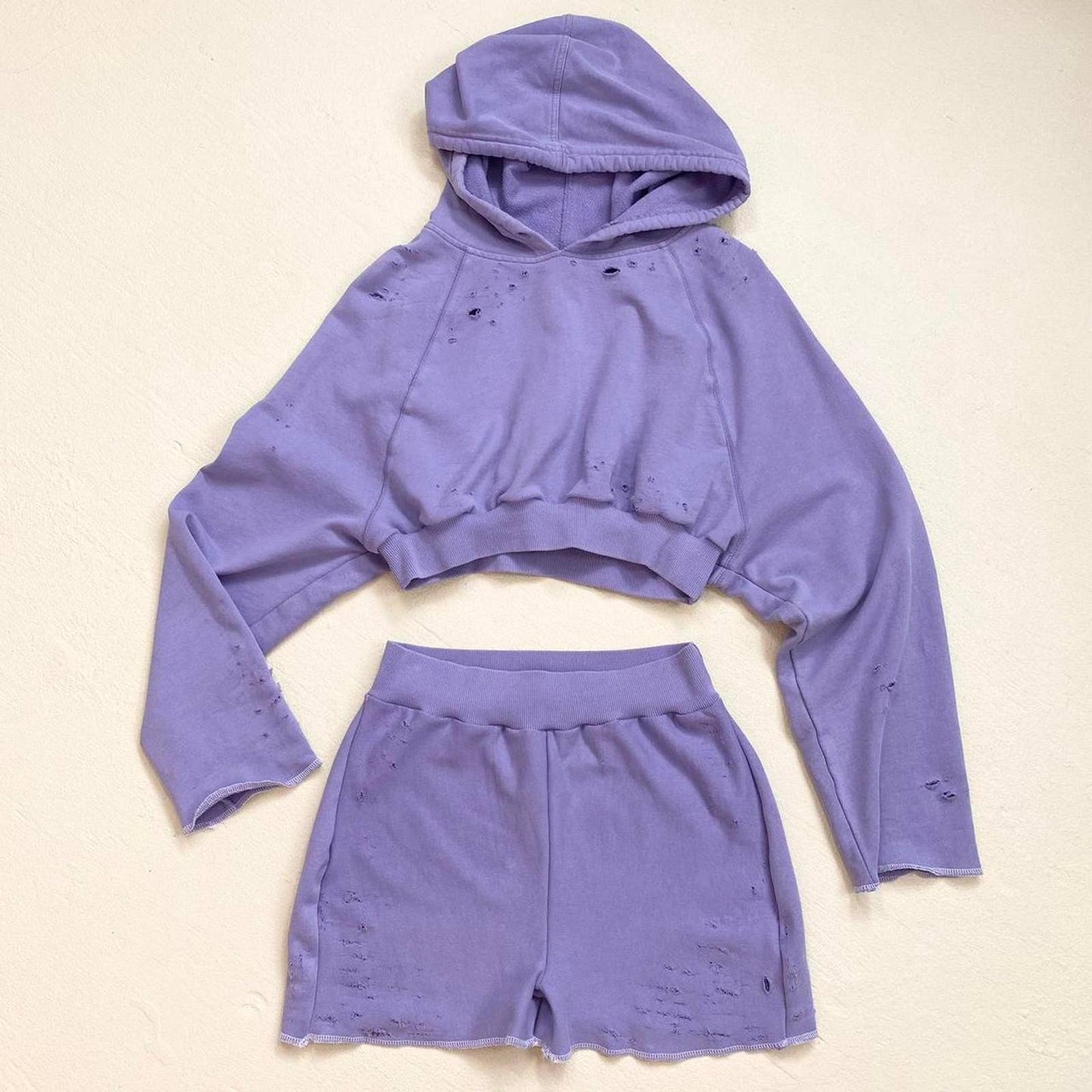 Upcycled Distressed Purple Crop Hoodie & Shorts Set, Size S/M