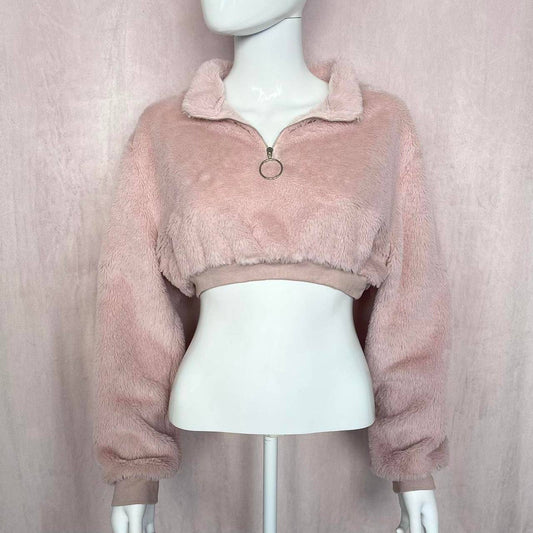 Reworked Pink Crop Half Zip Teddy Jacket, Size Medium
