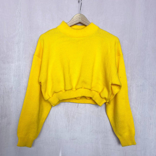 Reworked Vintage One Step Up Yellow Knit Crop Sweater, Size Medium