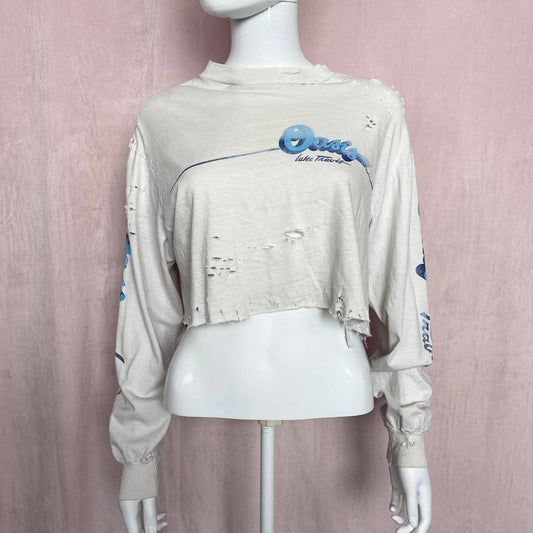 Upcycled Oasis Lake Travis Distressed Crop Long Sleeve, Size Large