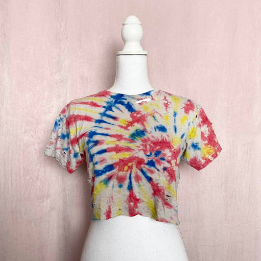 Reworked Tie Dye Distressed Crop Baby Tee, Size XS