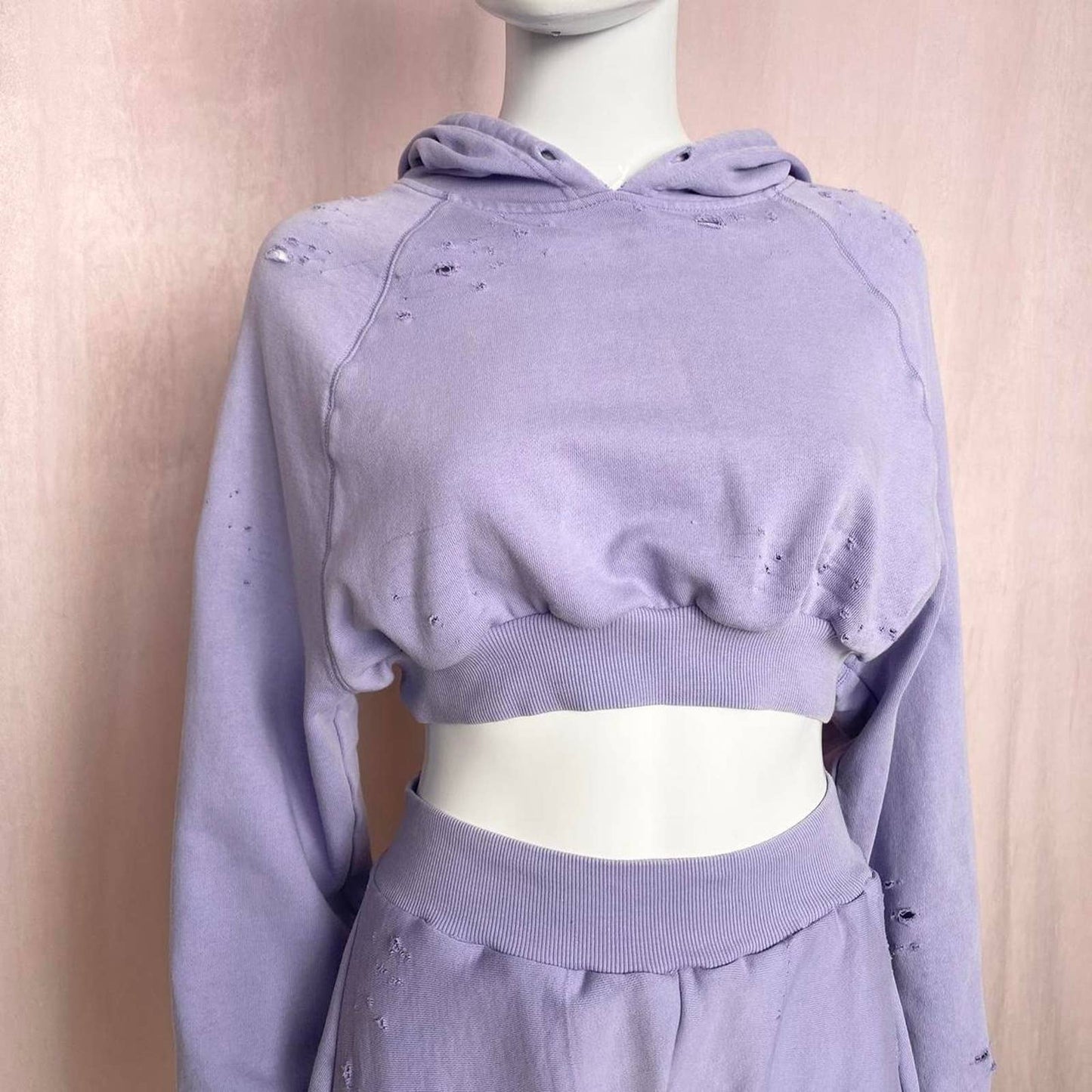 Upcycled Distressed Purple Crop Hoodie & Shorts Set, Size S/M